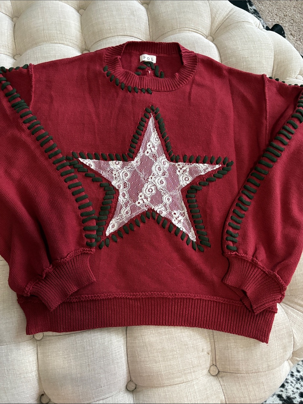 POL Burgundy Lace Star Crewneck Sweater with Contrast Trim